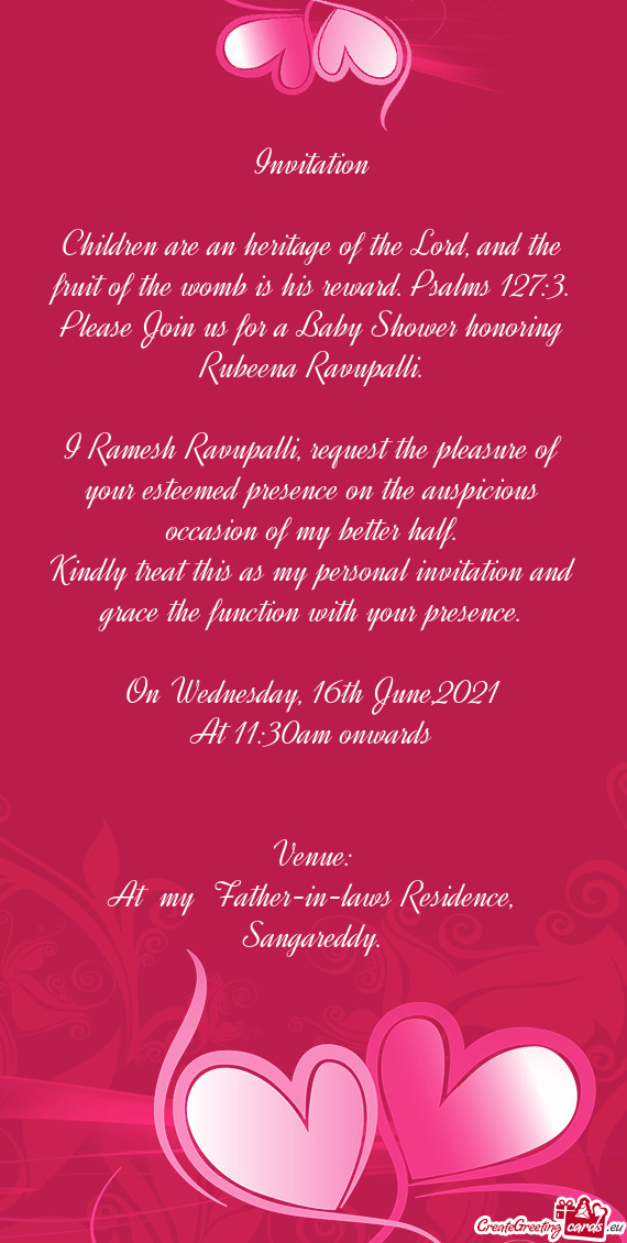Please Join us for a Baby Shower honoring Rubeena Ravupalli