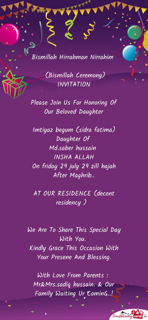 Please Join Us For Honoring Of Our Beloved Daughter