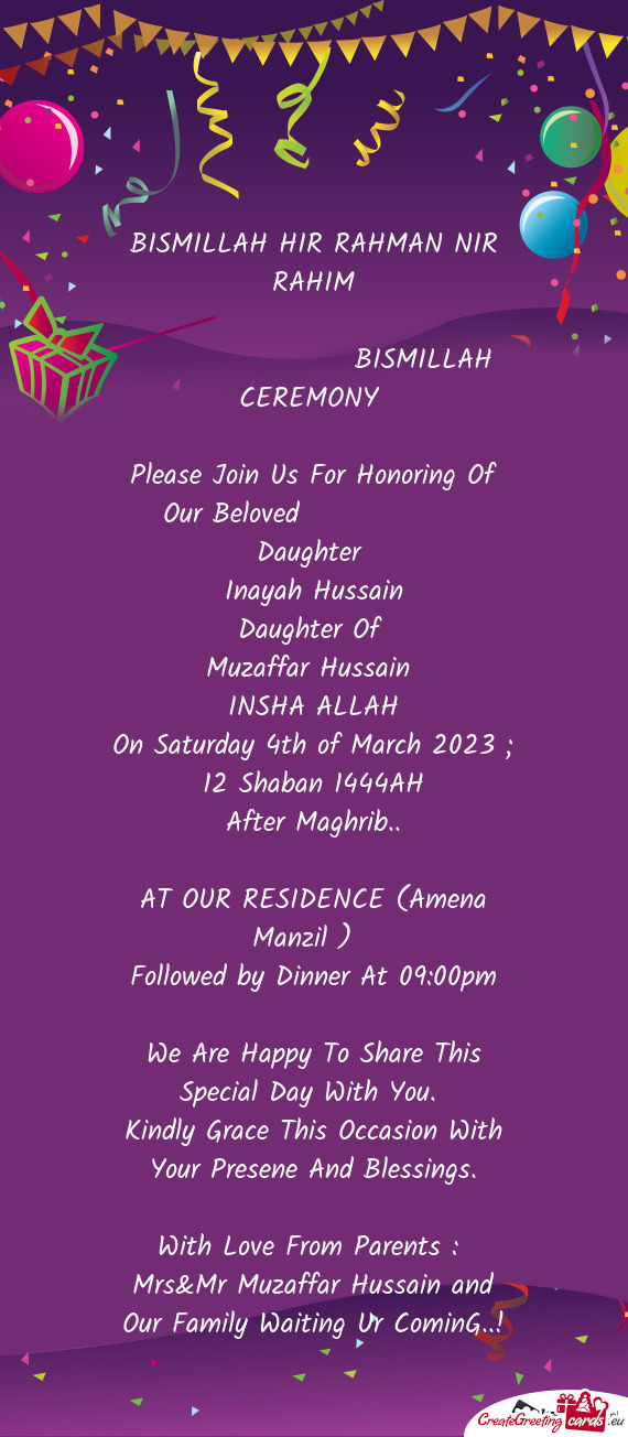 Please Join Us For Honoring Of Our Beloved    Daughter