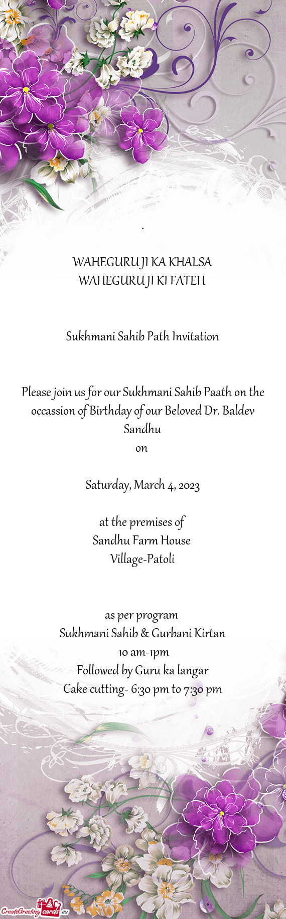 Please join us for our Sukhmani Sahib Paath on the occassion of Birthday of our Beloved Dr. Baldev S