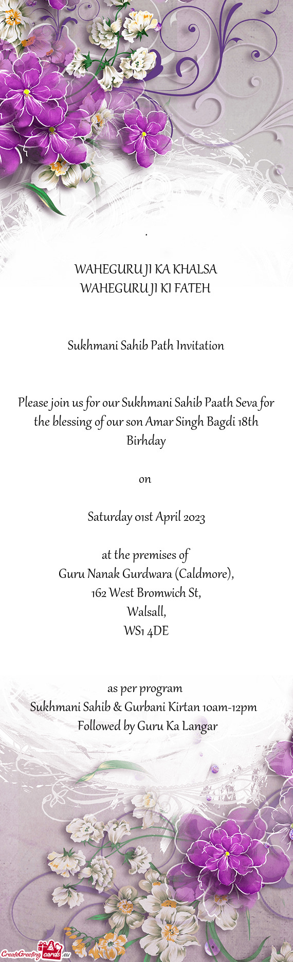 Please join us for our Sukhmani Sahib Paath Seva for the blessing of our son Amar Singh Bagdi 18th B