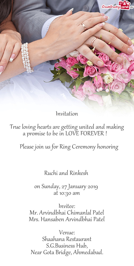 Please join us for Ring Ceremony honoring   
 
 Ruchi and Rinkesh 
 
 on Sunday