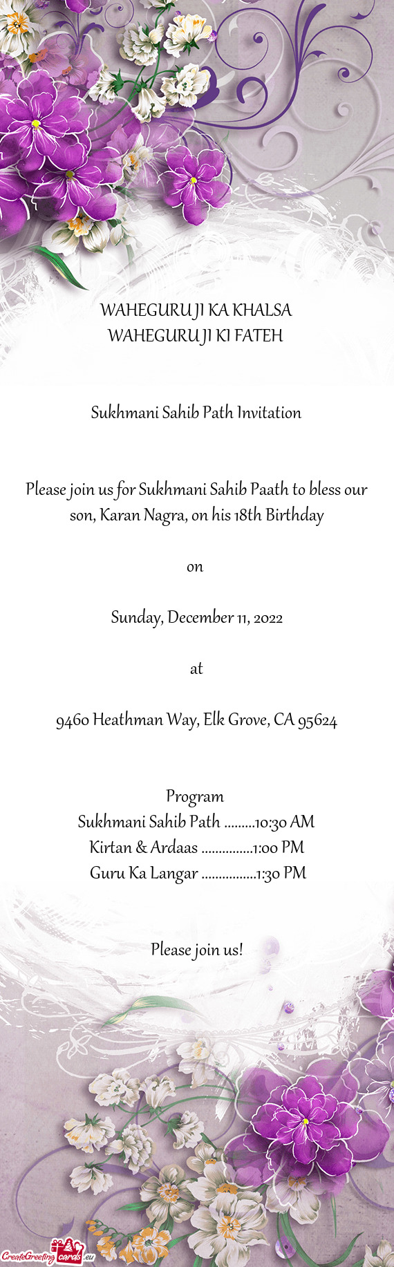 Please join us for Sukhmani Sahib Paath to bless our son, Karan Nagra, on his 18th Birthday