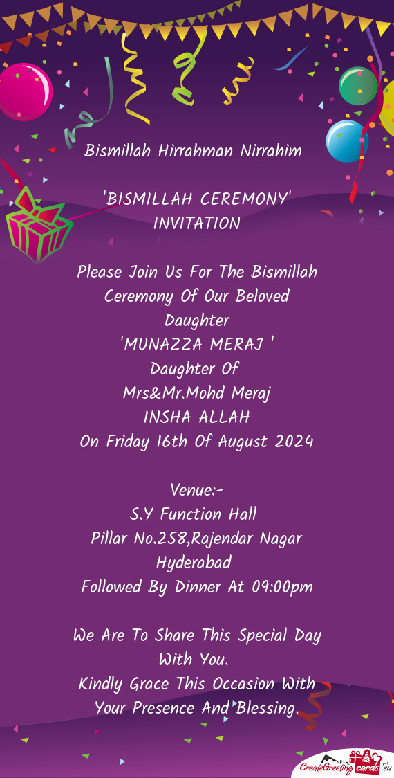 Please Join Us For The Bismillah Ceremony Of Our Beloved Daughter