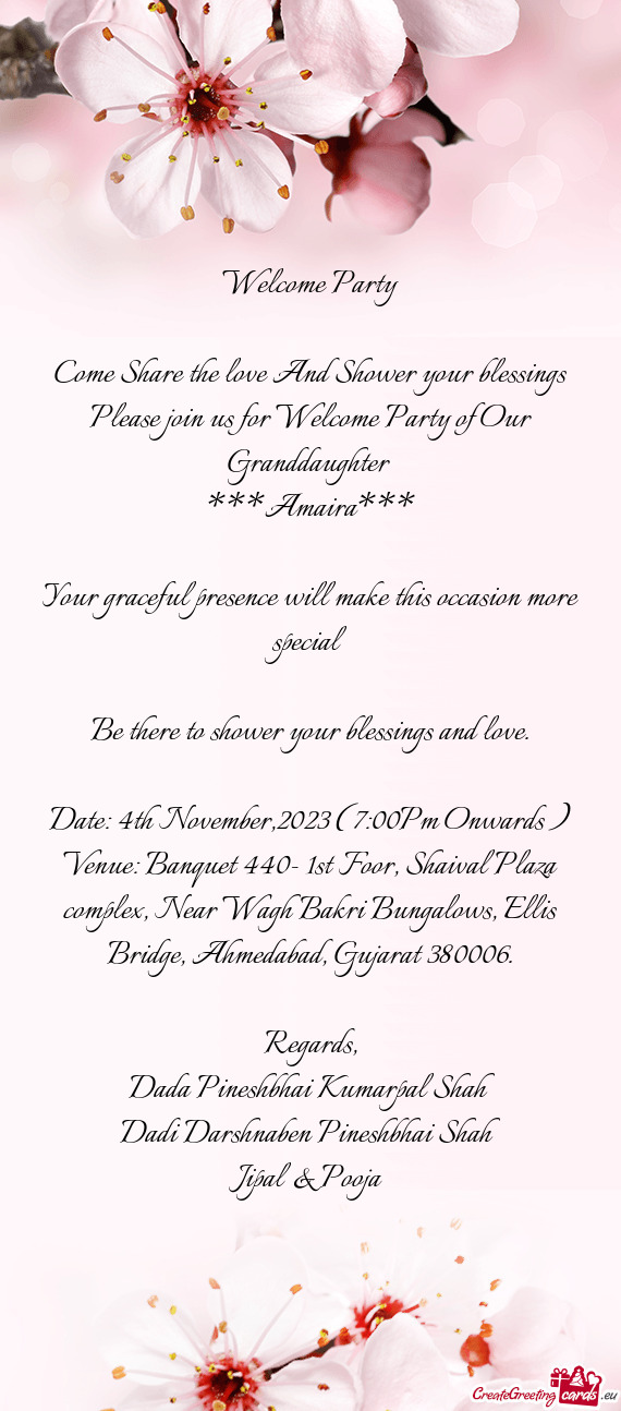 Please join us for Welcome Party of Our Granddaughter