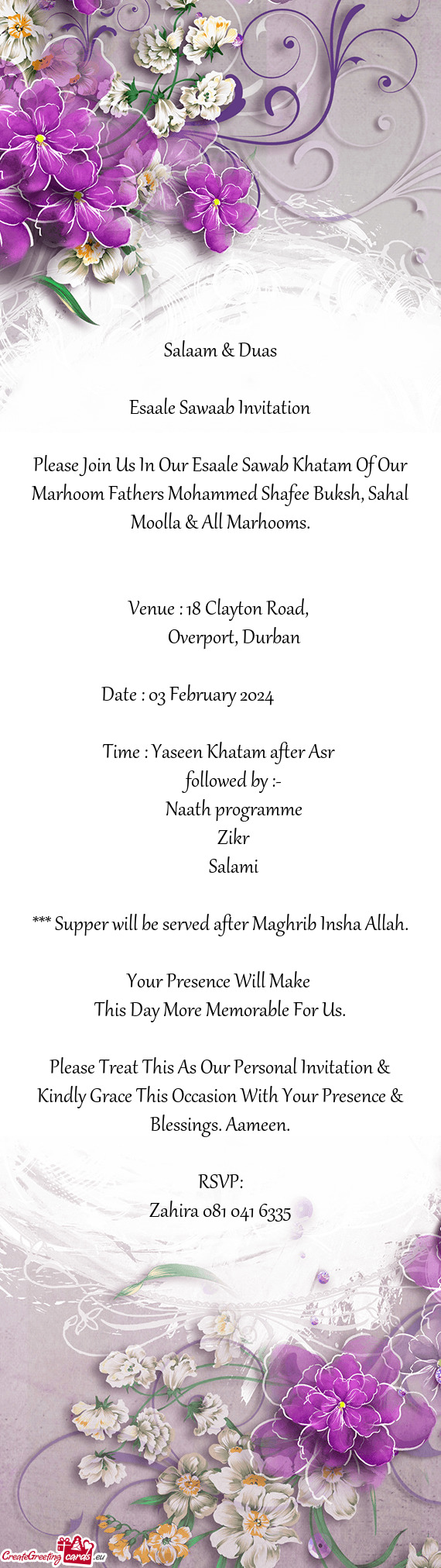 Please Join Us In Our Esaale Sawab Khatam Of Our Marhoom Fathers Mohammed Shafee Buksh, Sahal Moolla