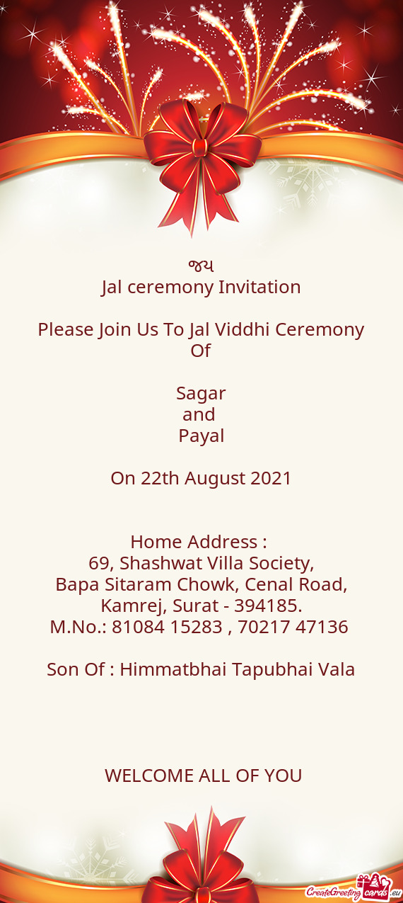 Please Join Us To Jal Viddhi Ceremony Of