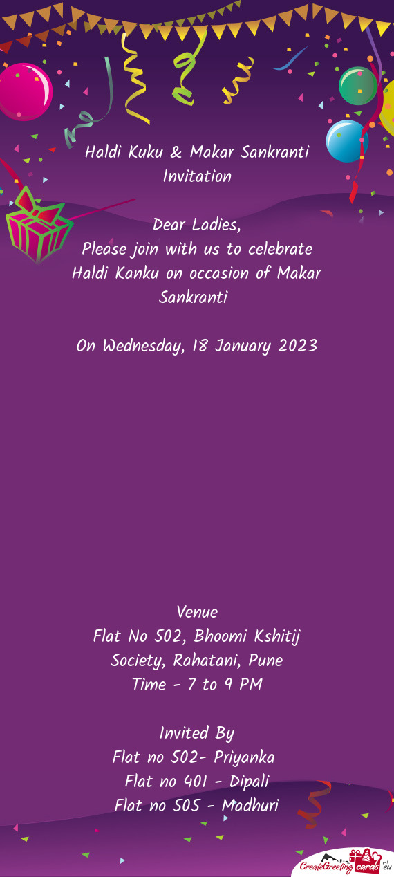 Please join with us to celebrate Haldi Kanku on occasion of Makar Sankranti