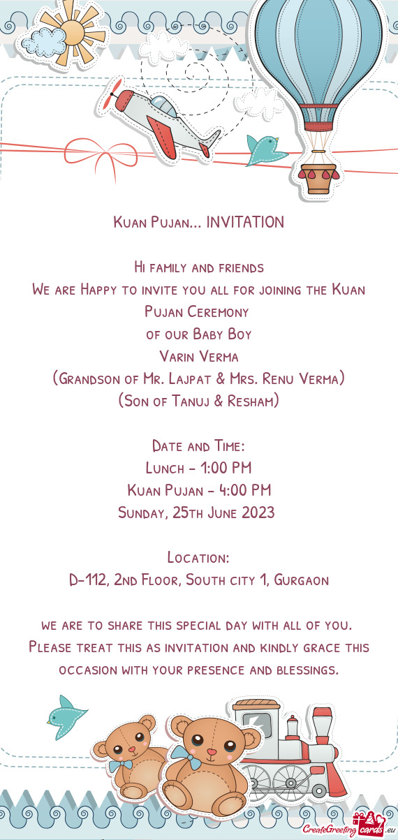 Please treat this as invitation and kindly grace this occasion with your presence and blessings