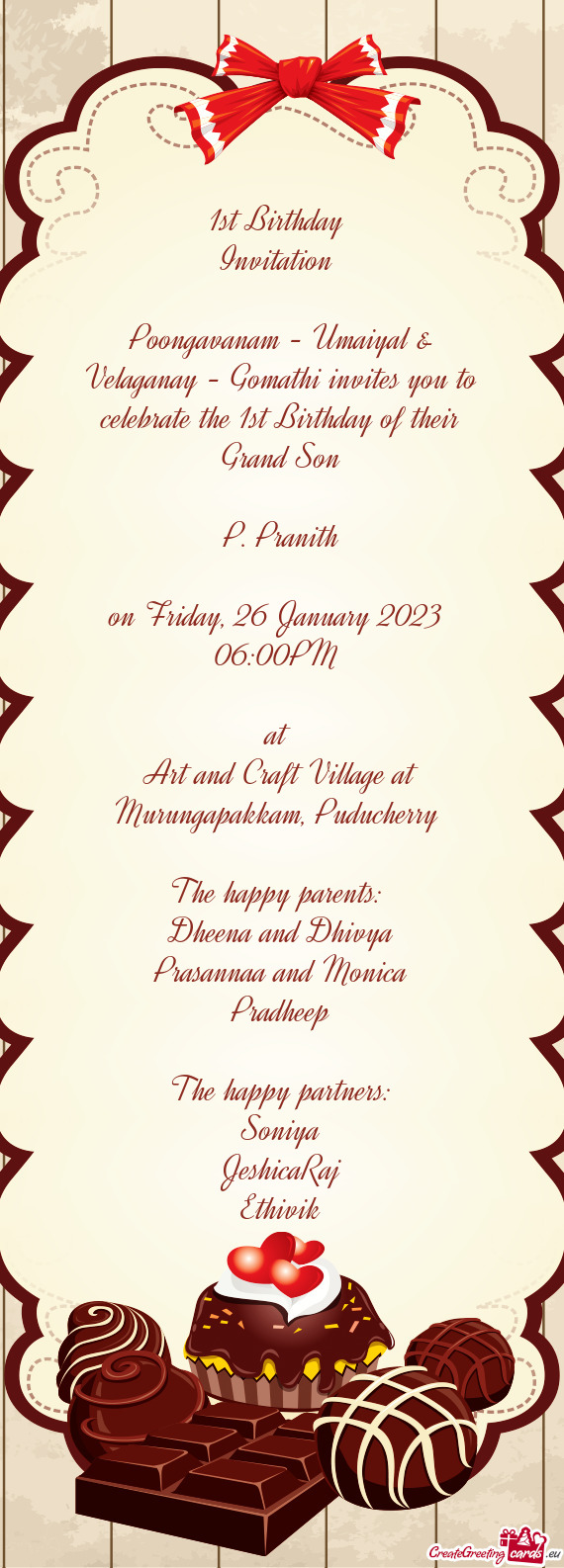 Poongavanam - Umaiyal & Velaganay - Gomathi invites you to celebrate the 1st Birthday of their Grand