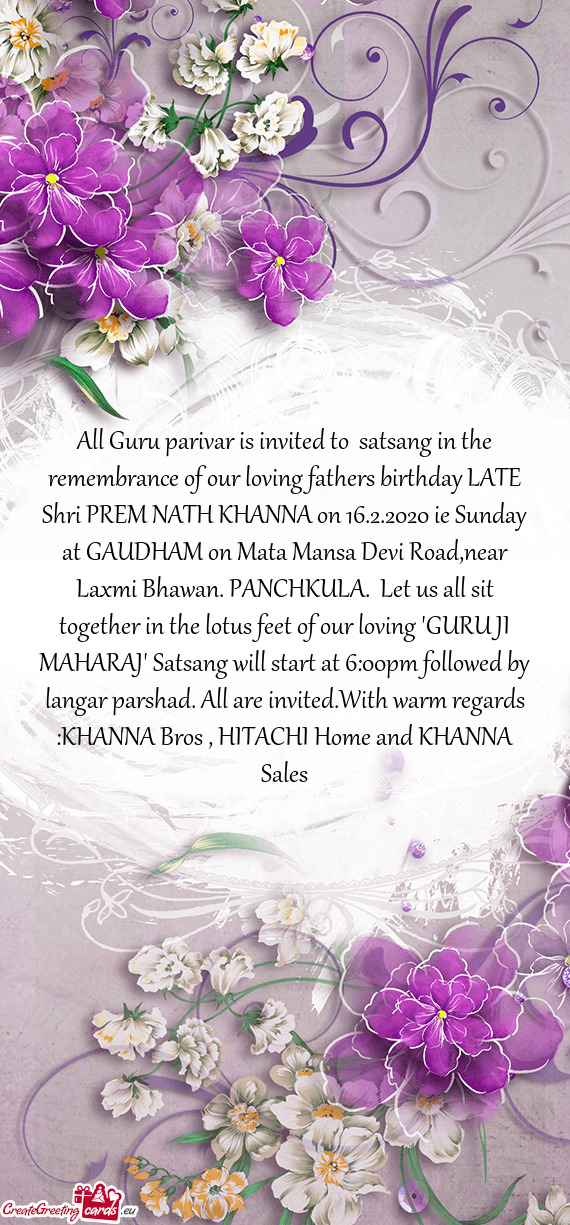 PREM NATH KHANNA on 16.2.2020 ie Sunday at GAUDHAM on Mata Mansa Devi Road,near Laxmi Bhawan. PANCHK