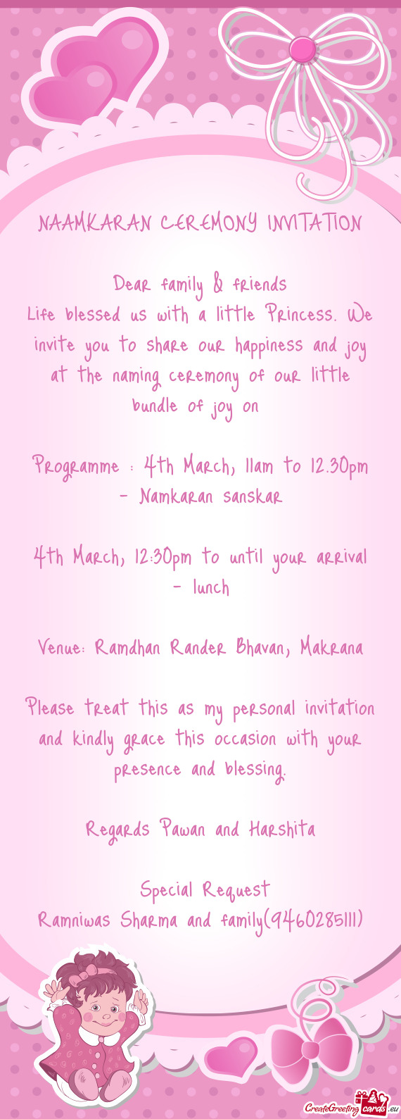 Programme : 4th March, 11am to 12.30pm - Namkaran sanskar