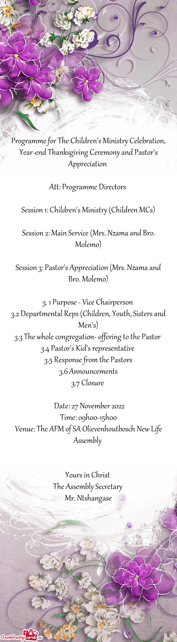 Programme for The Children's Ministry Celebration, Year-end Thanksgiving Ceremony and Pastor's Appre