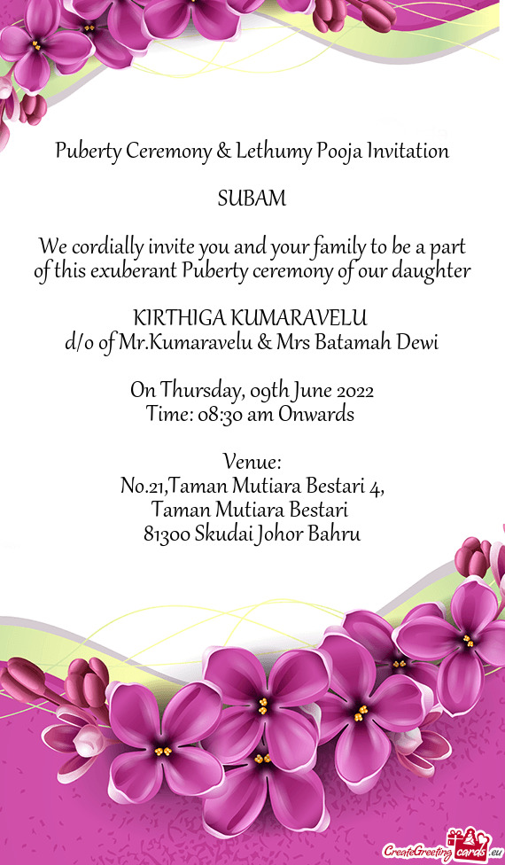 Puberty Ceremony & Lethumy Pooja Invitation