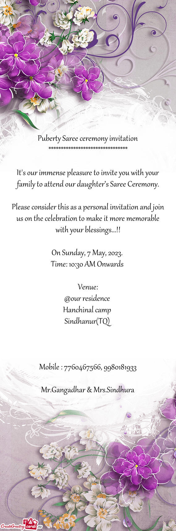 Puberty Saree ceremony invitation