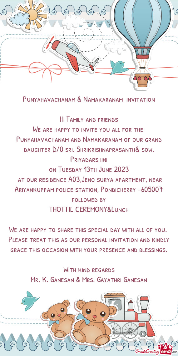 Punyahavachanam and Namakaranam of our grand daughter D/0 sri. Shrikrishnaprasanth& sow. Priyadarshi