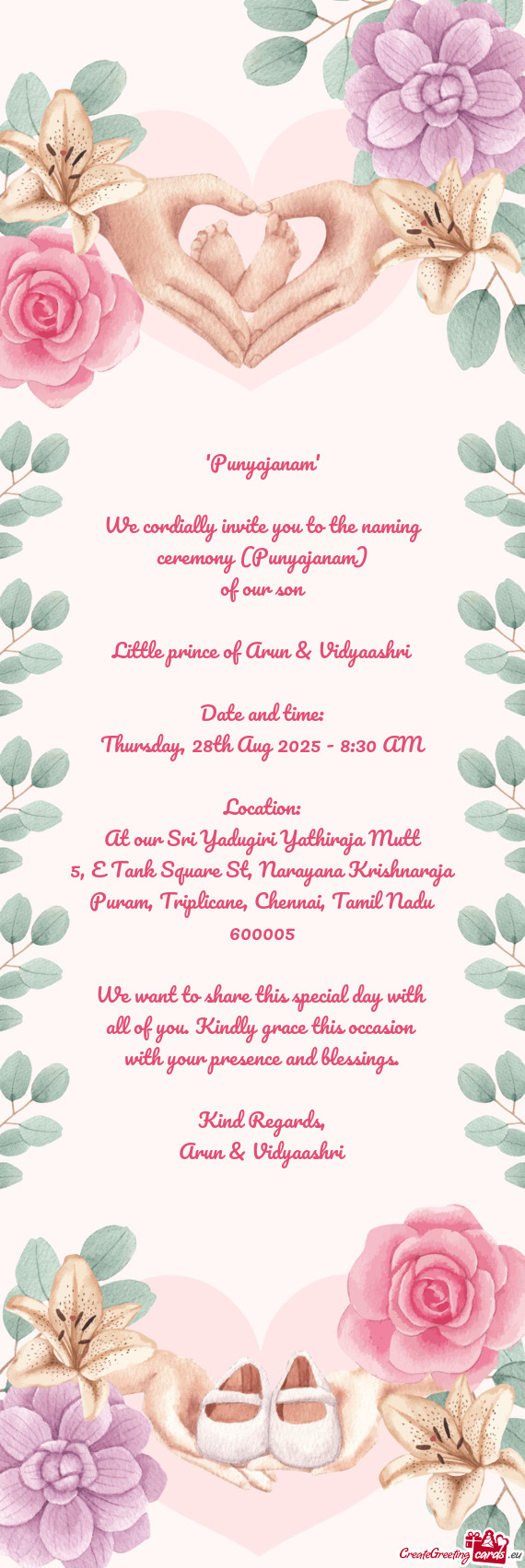 "Punyajanam" We cordially invite you to the naming ceremony (Punyajanam) of our son Little pr