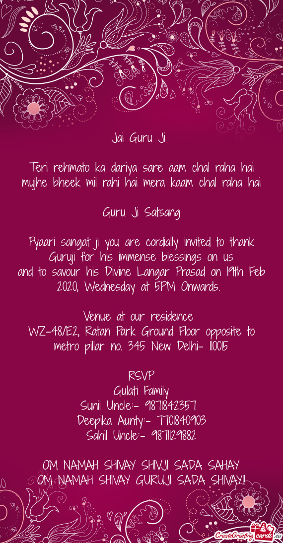 Pyaari sangat ji you are cordially invited to thank Guruji for his immense blessings on us