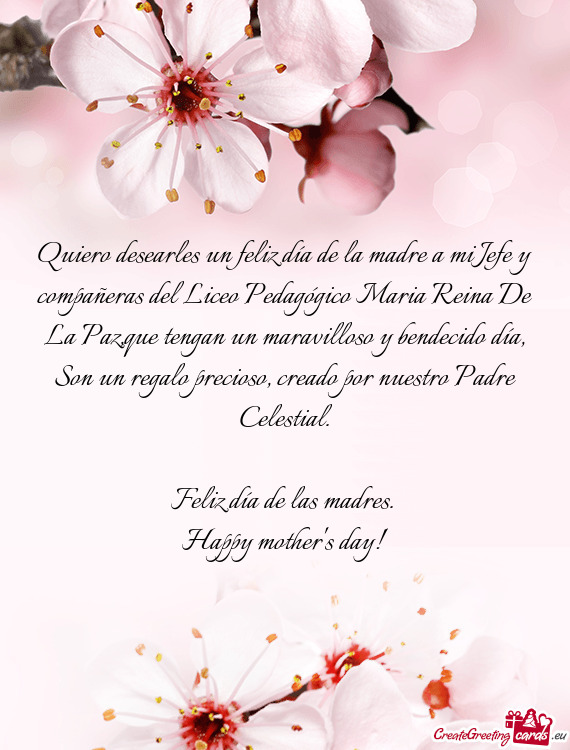 Quiero desearles un feliz día de la madre a mi Jefe y compañeras del Liceo Pedagógico Maria Reina