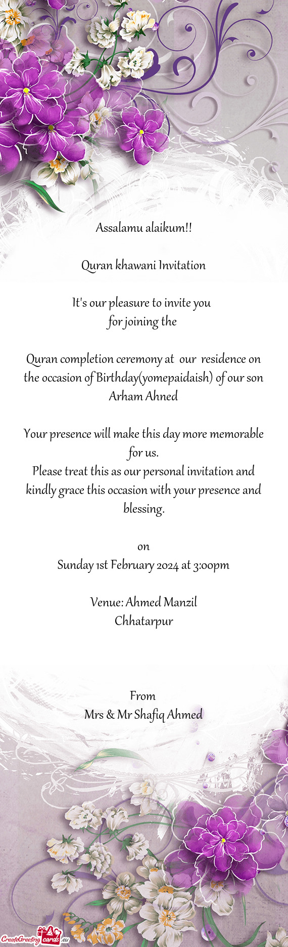 Quran completion ceremony at our residence on the occasion of Birthday(yomepaidaish) of our son Ar