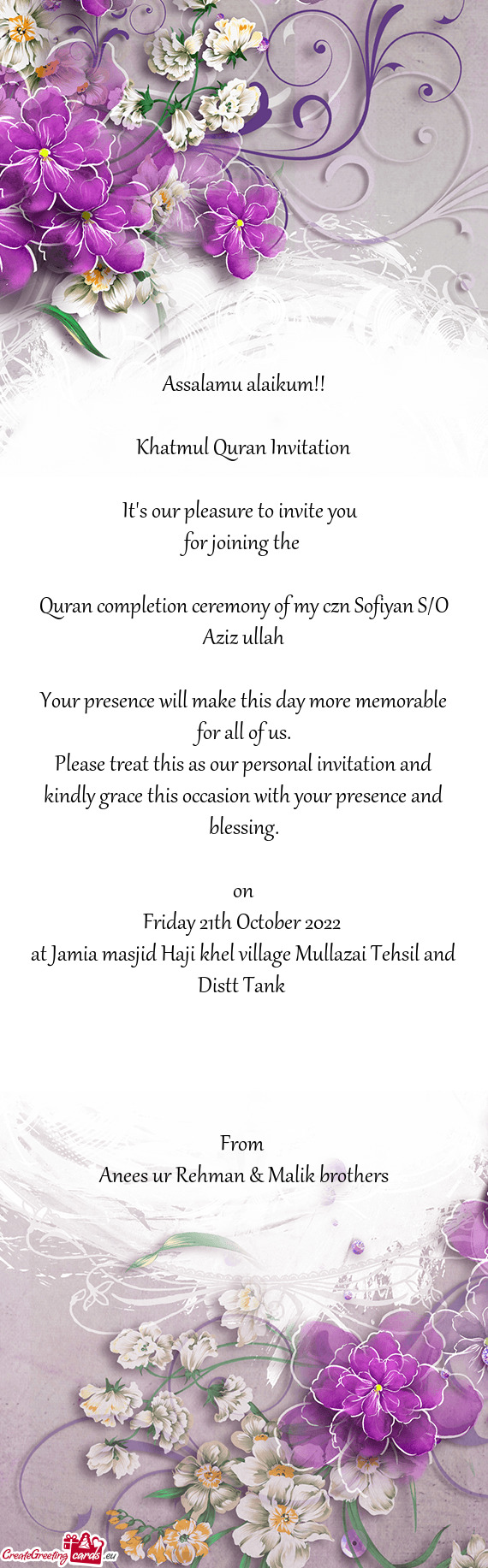 Quran completion ceremony of my czn Sofiyan S/O Aziz ullah