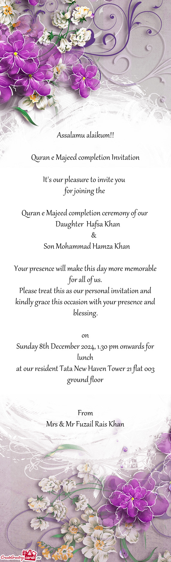 Quran e Majeed completion Invitation