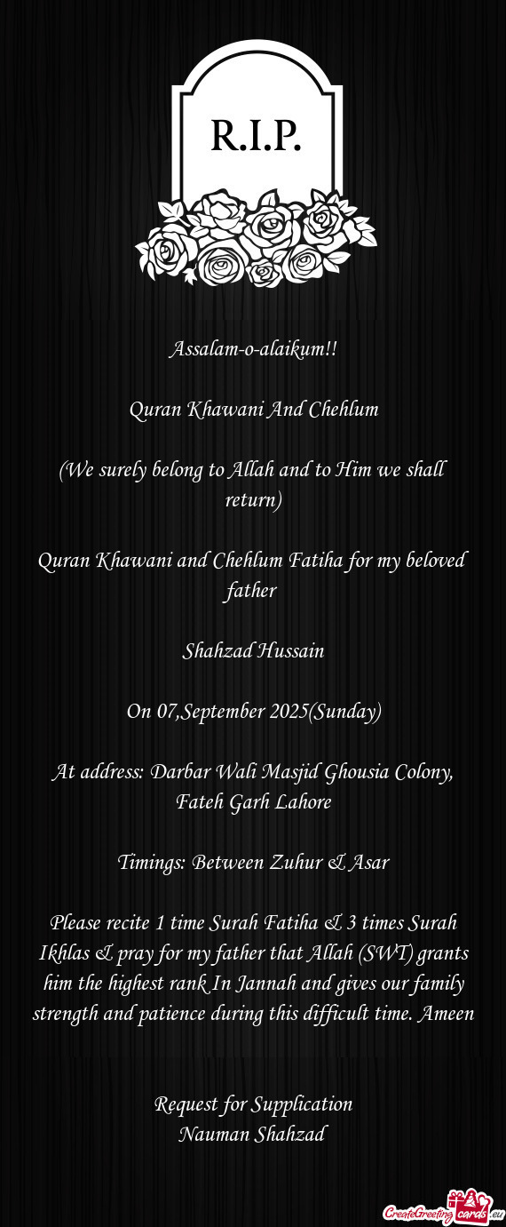 Quran Khawani and Chehlum Fatiha for my beloved father