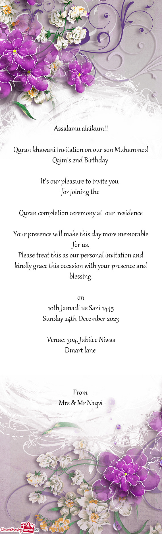 Quran khawani Invitation on our son Muhammed Qaim