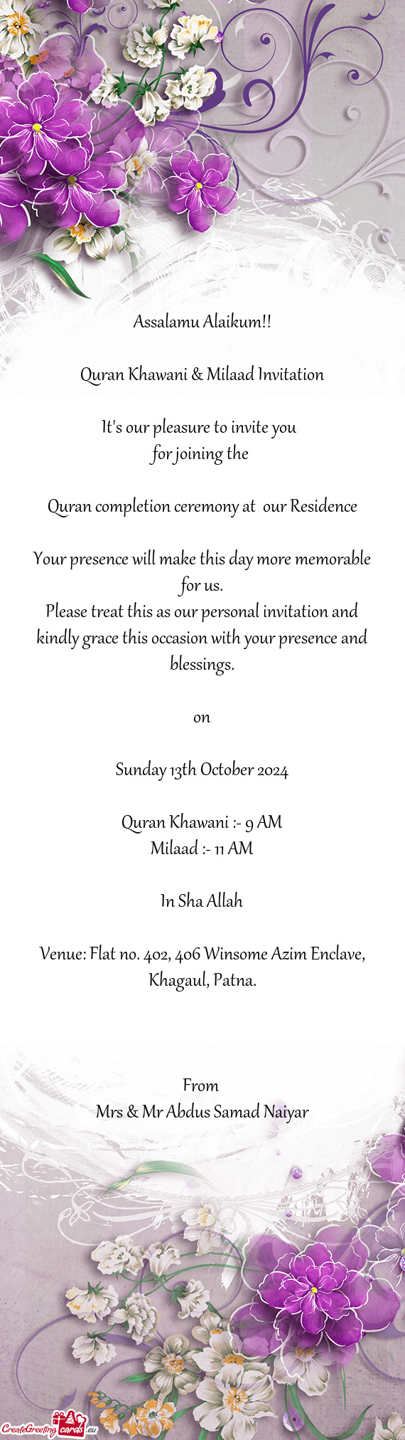 Quran Khawani & Milaad Invitation