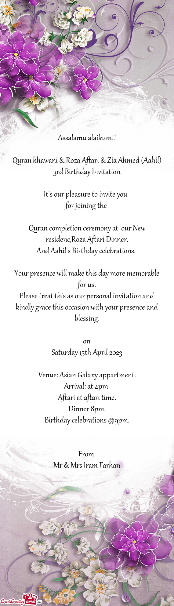 Quran khawani & Roza Aftari & Zia Ahmed (Aahil) 3rd Birthday Invitation