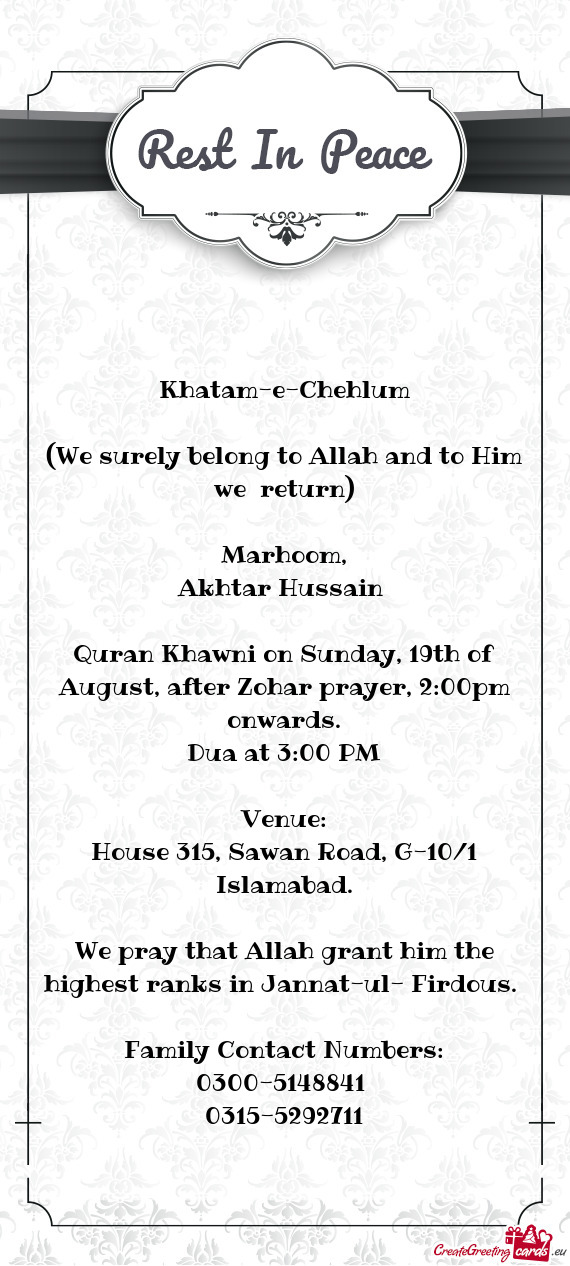 Quran Khawni on Sunday, 19th of August, after Zohar prayer, 2:00pm onwards