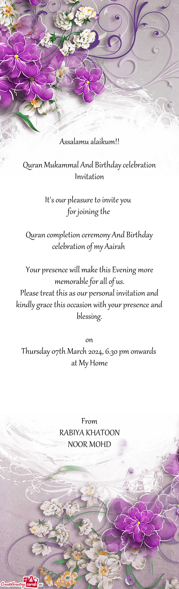 Quran Mukammal And Birthday celebration Invitation