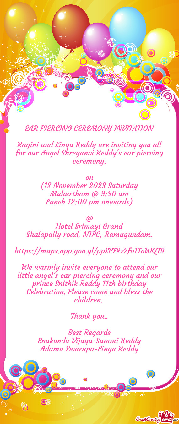 Ragini and Linga Reddy are inviting you all for our Angel Shreyanvi Reddy