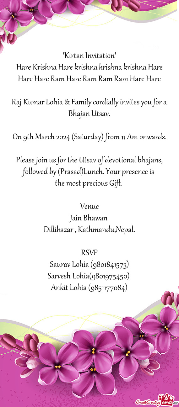 Raj Kumar Lohia & Family cordially invites you for a Bhajan Utsav