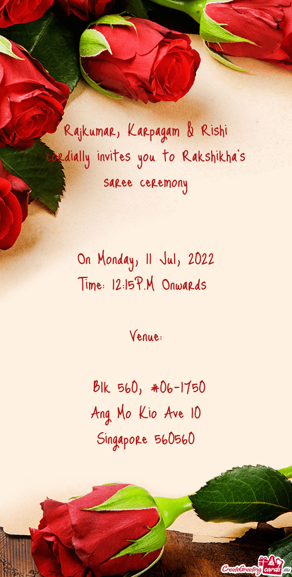 Rajkumar, Karpagam & Rishi cordially invites you to Rakshikha