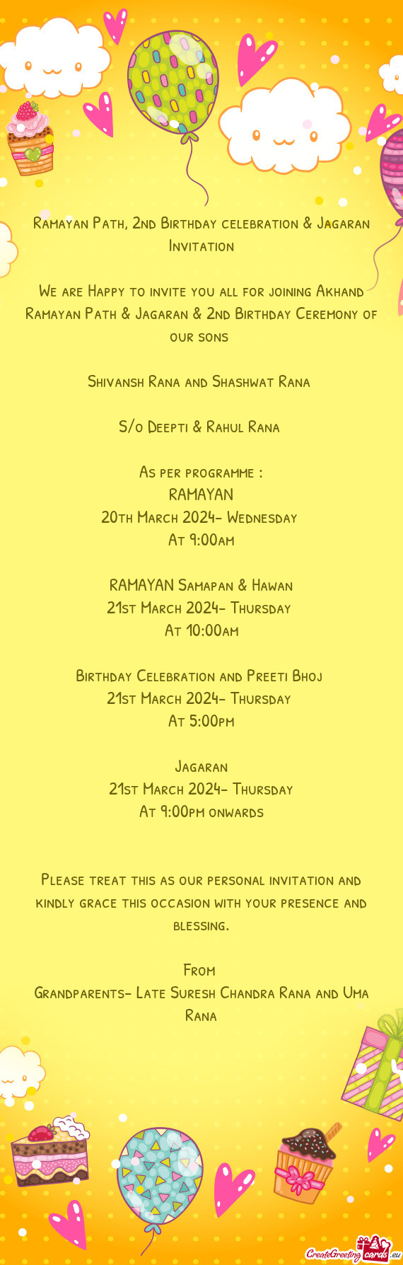Ramayan Path, 2nd Birthday celebration & Jagaran Invitation