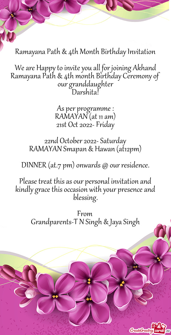 Ramayana Path & 4th Month Birthday Invitation