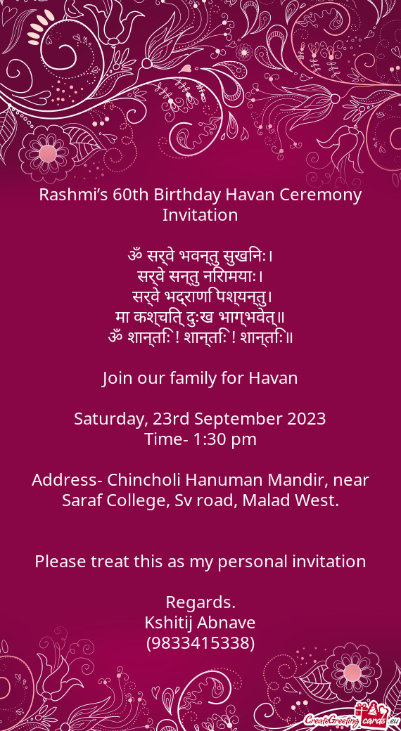 Rashmi’s 60th Birthday Havan Ceremony Invitation