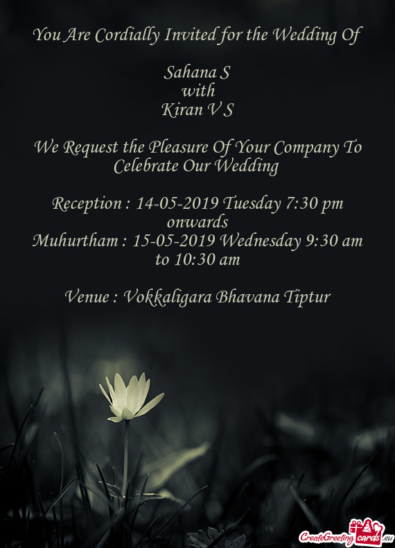 Reception : 14-05-2019 Tuesday 7:30 pm onwards