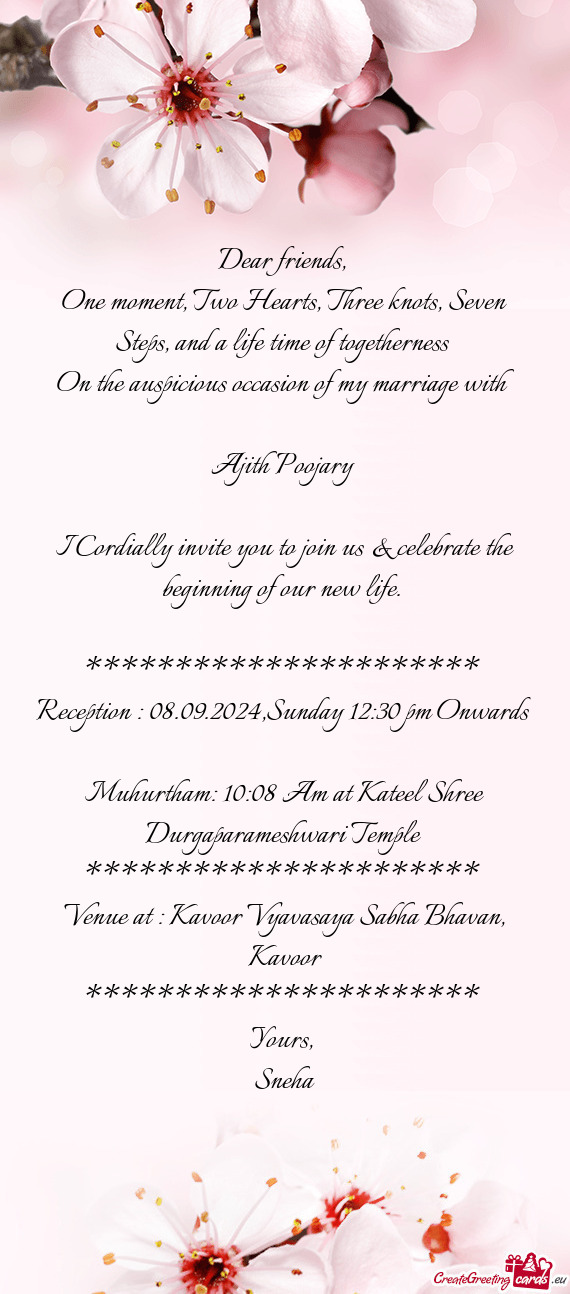 Reception : 08.09.2024,Sunday 12:30 pm Onwards