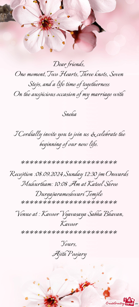 Reception :08.09.2024,Sunday 12:30 pm Onwards