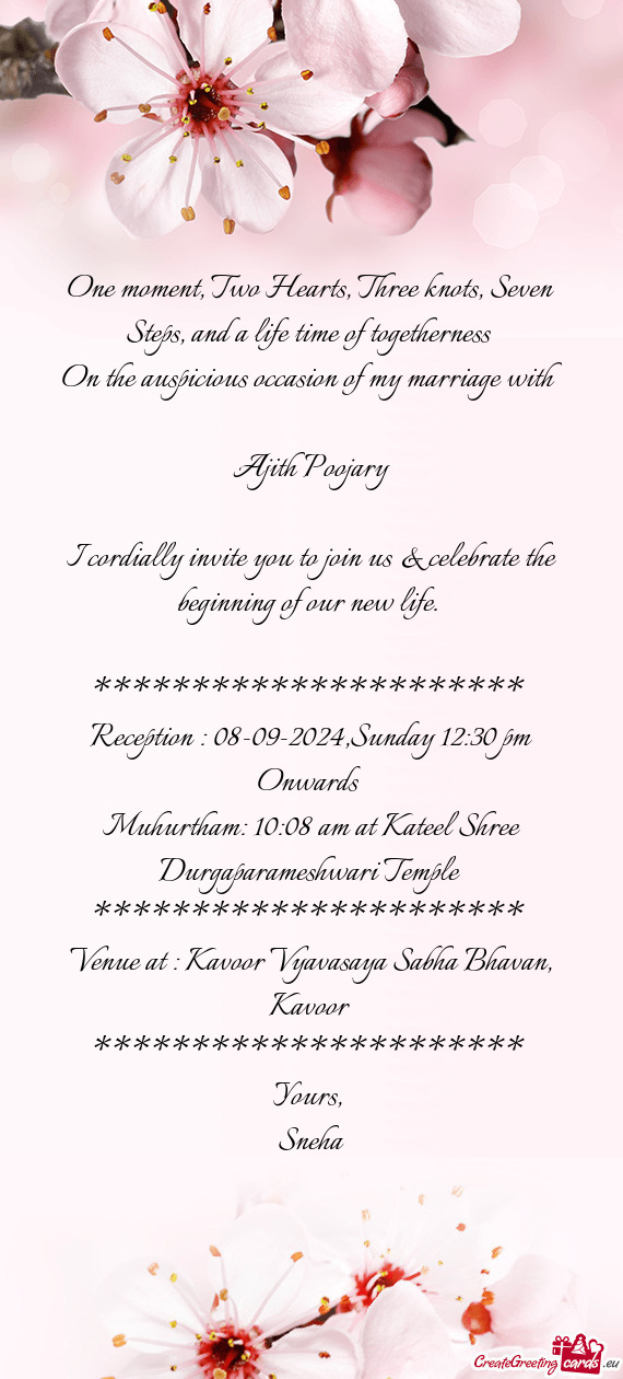 Reception : 08-09-2024,Sunday 12:30 pm Onwards