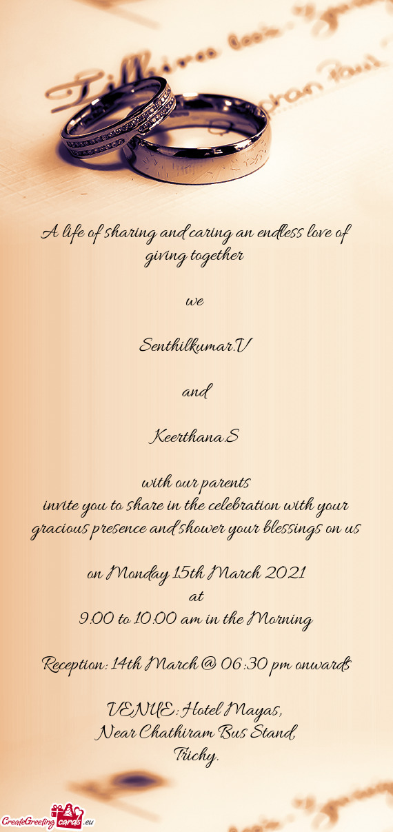 Reception: 14th March @ 06:30 pm onwards