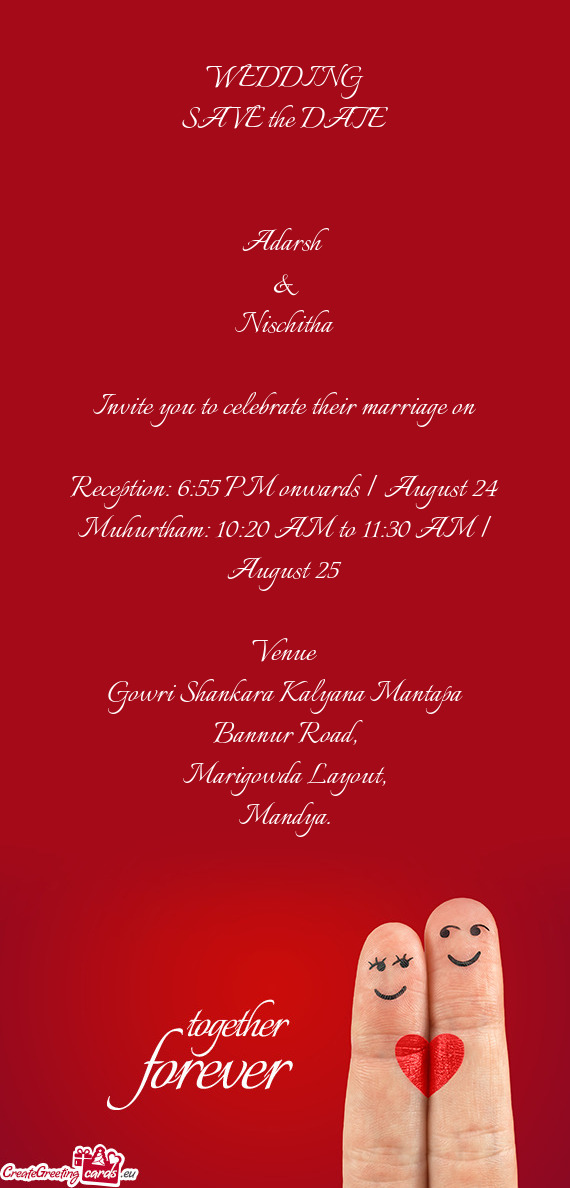 Reception: 6:55 PM onwards | August 24