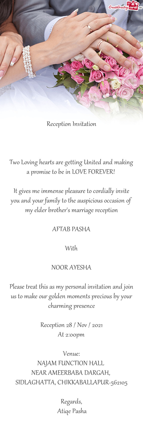 Reception Invitation
 
 
 
 Two Loving hearts are getting United and making a promise to be in LOVE