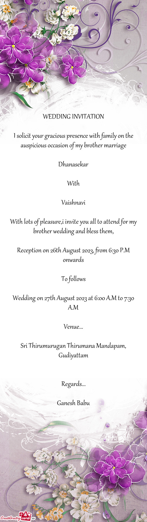Reception on 26th August 2023, from 6:30 P.M onwards