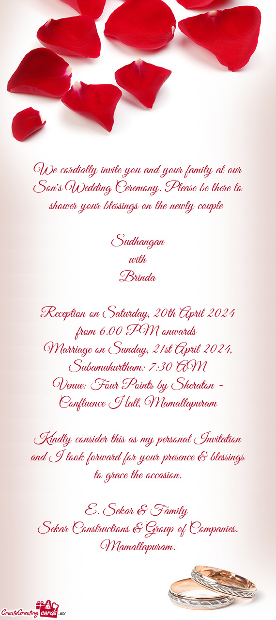 Reception on Saturday, 20th April 2024 from 6.00 PM onwards