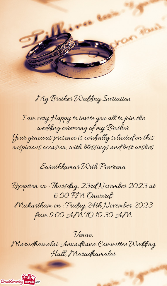 Reception on : Thursday, 23rd November 2023 at 6.00 PM Onwards