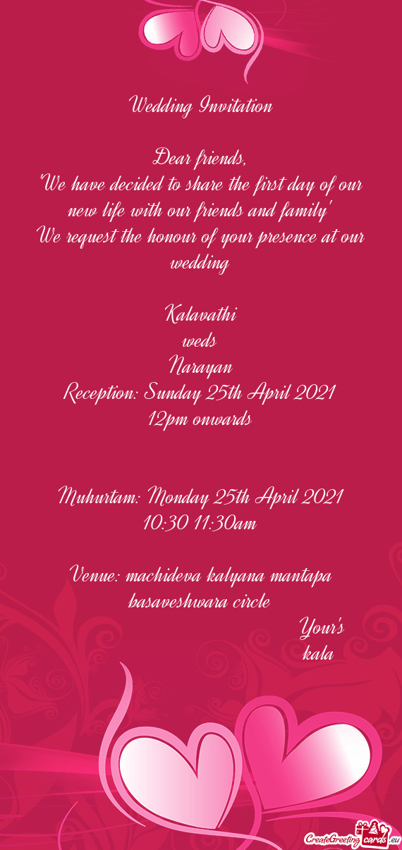 Reception: Sunday 25th April 2021