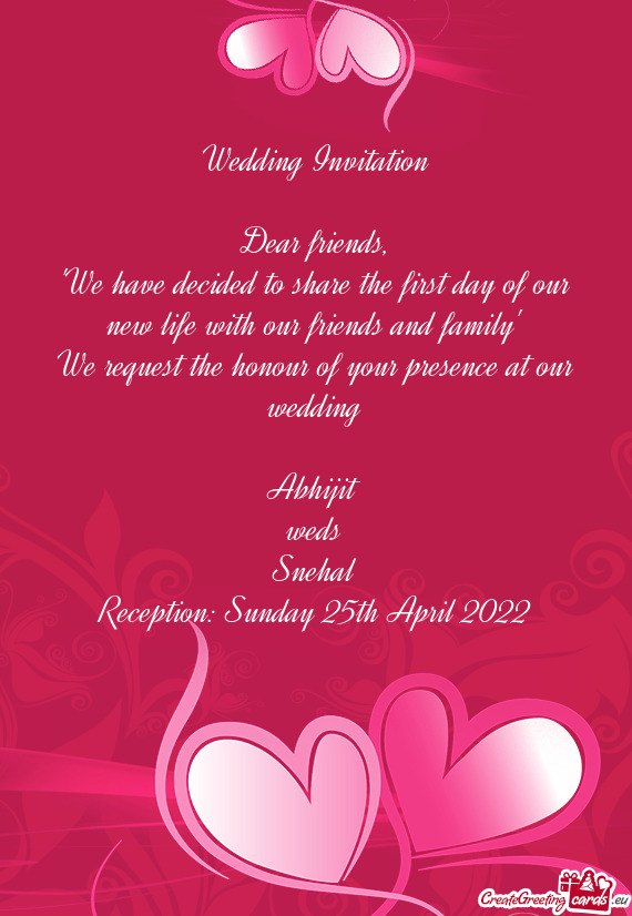 Reception: Sunday 25th April 2022